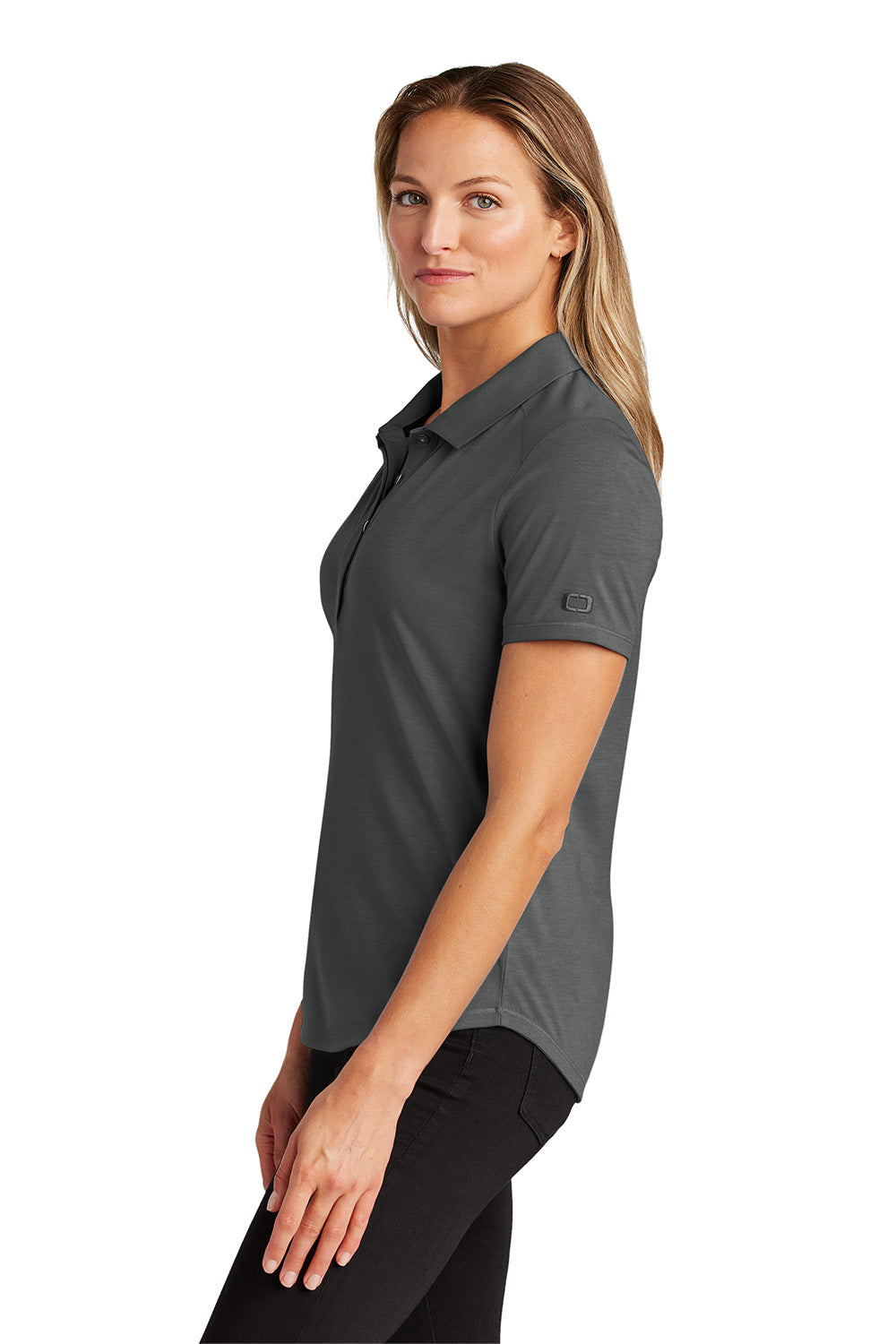 Ogio LOG152 Womens Motion Short Sleeve Polo Shirt Tarmac Grey Model Side