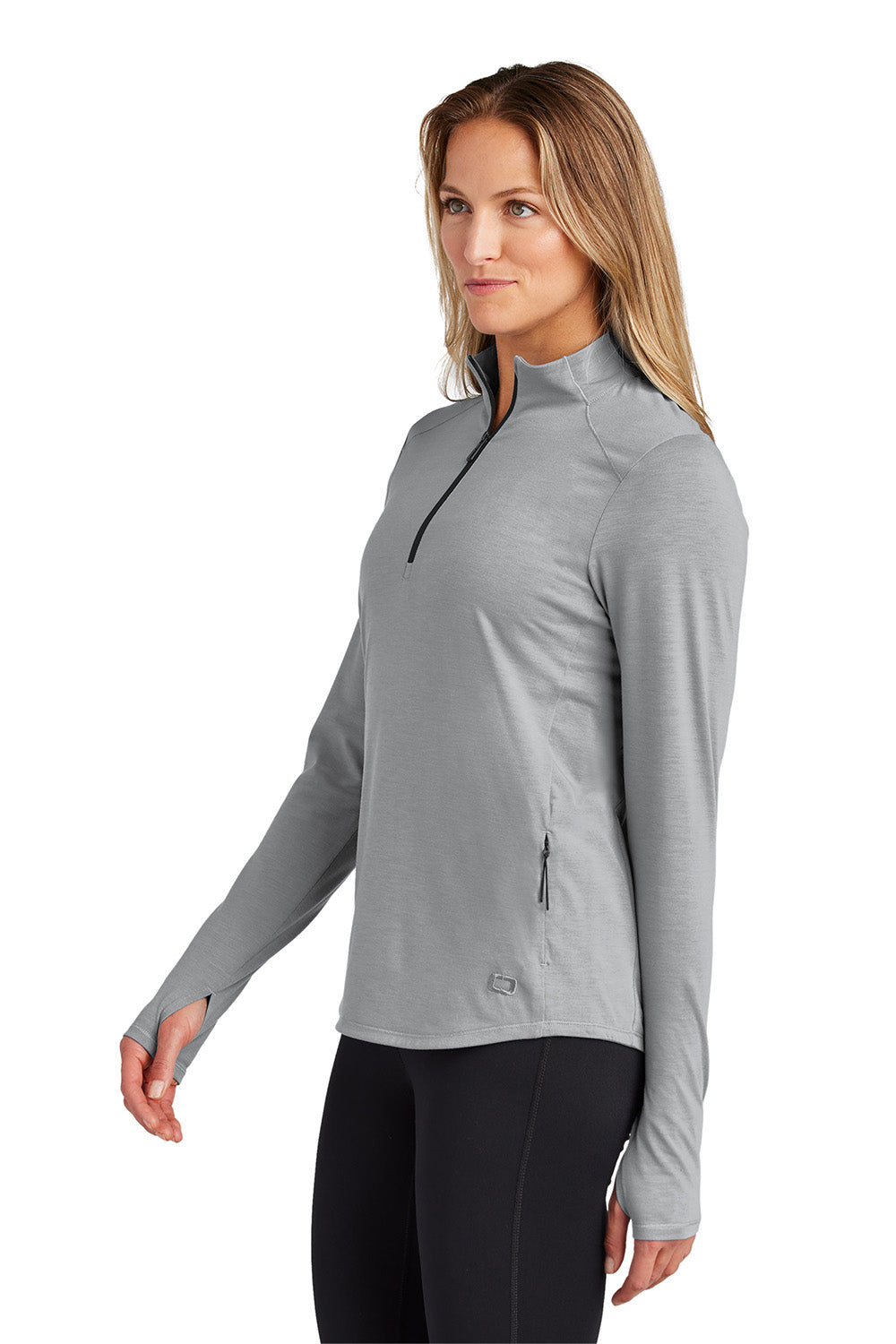 Ogio LOG153 Womens Motion 1/4 Zip Sweatshirt Greystone Model Side