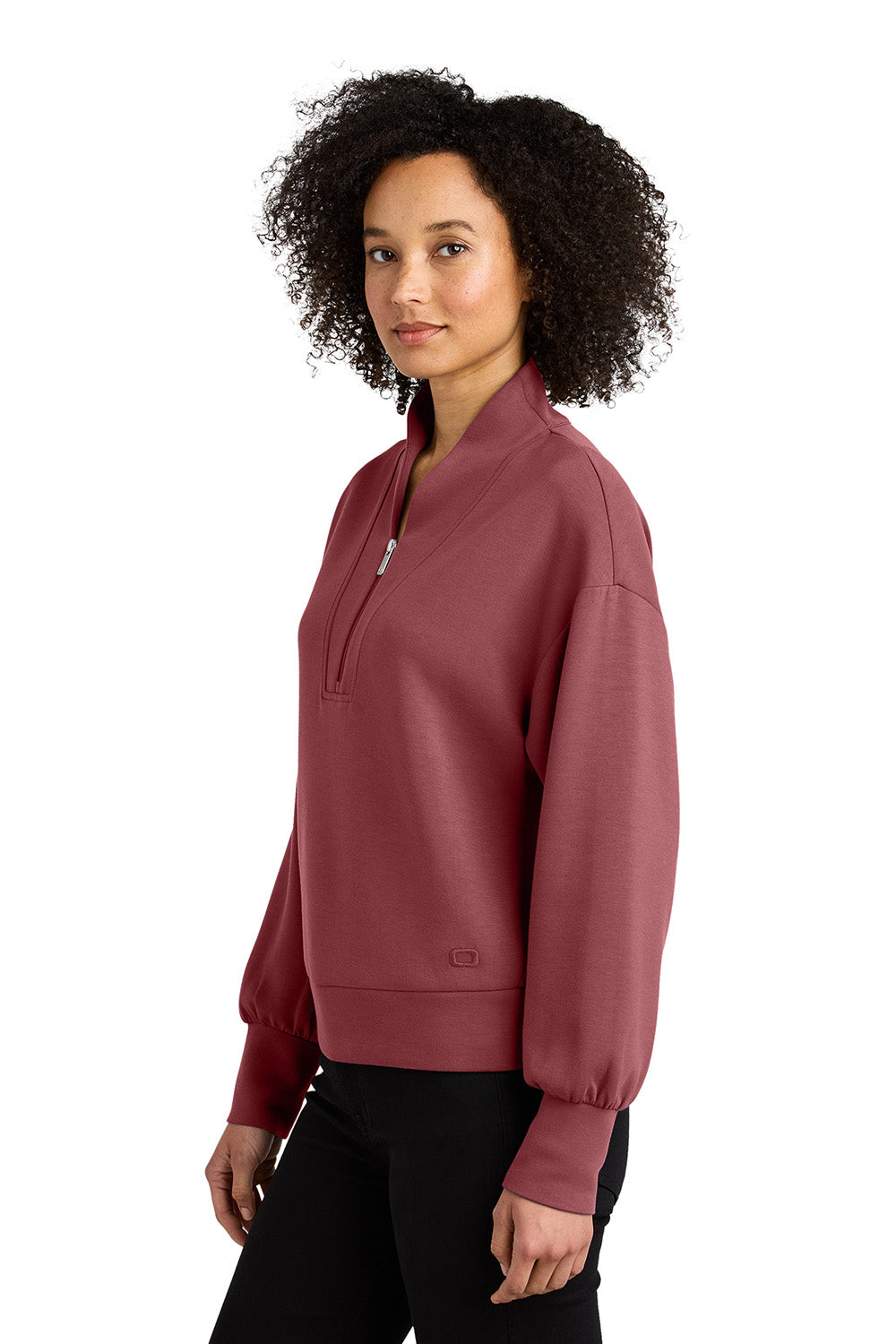 Ogio LOG861 Womens Transcend 1/4 Zip Sweatshirt Soft Ruby Red Model Side