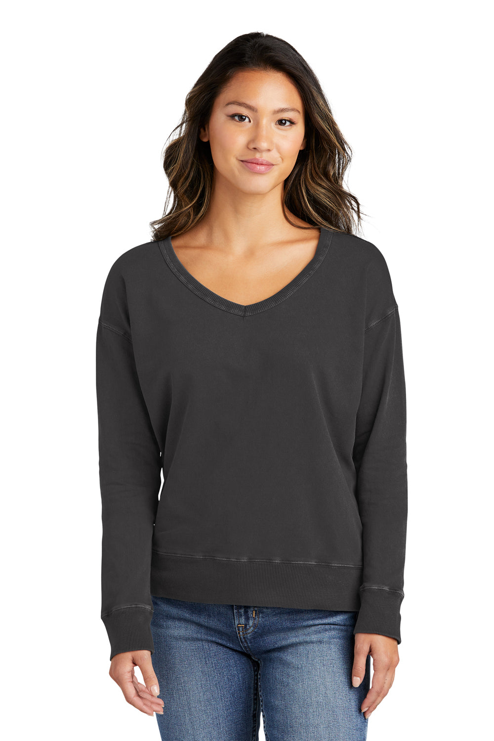 Port & Company LPC098V Womens Beach Wash Garment Dyed V-Neck Sweatshirt Coal Grey Model Front