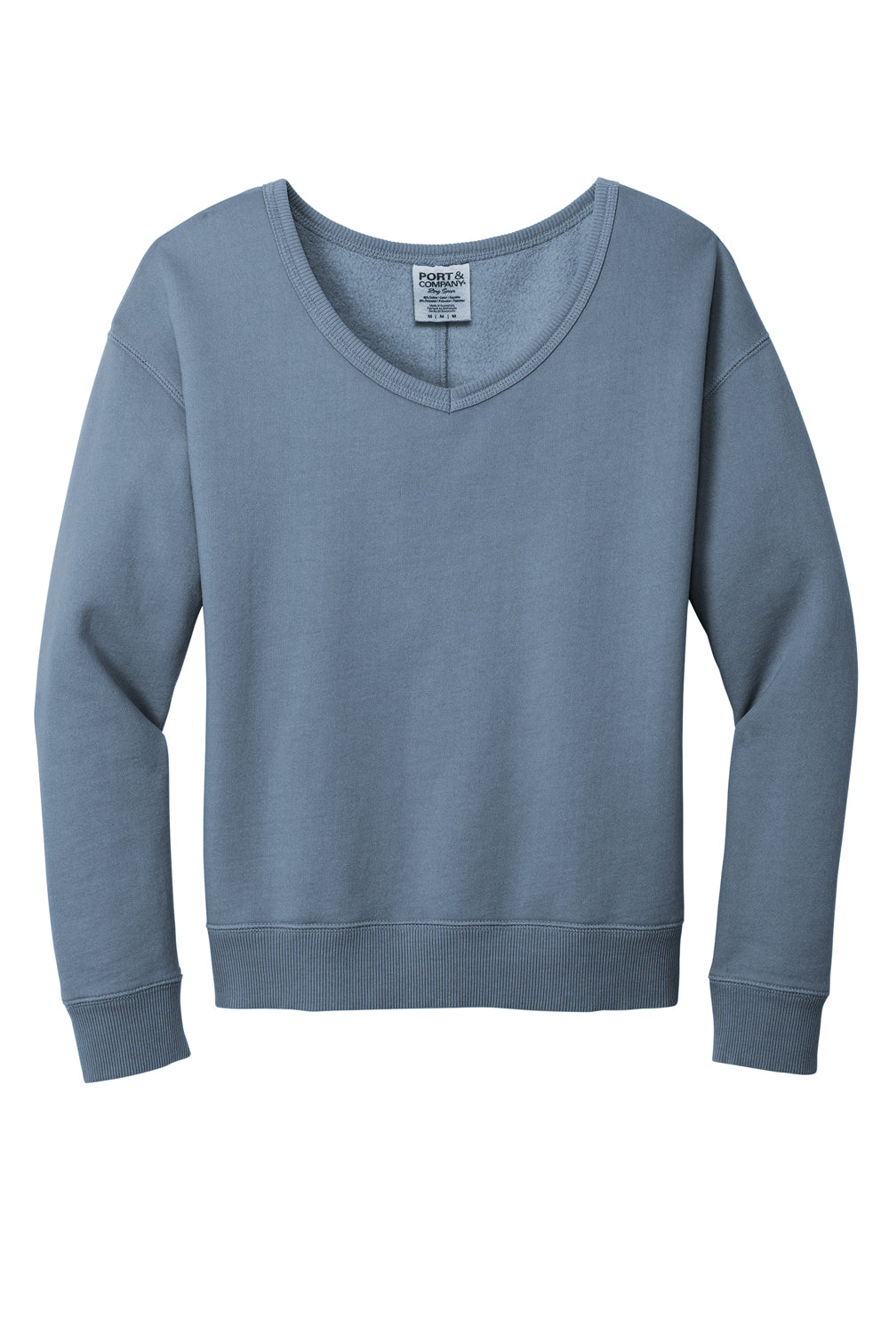 Port & Company LPC098V Womens Beach Wash Garment Dyed V-Neck Sweatshirt Faded Denim Blue Flat Front