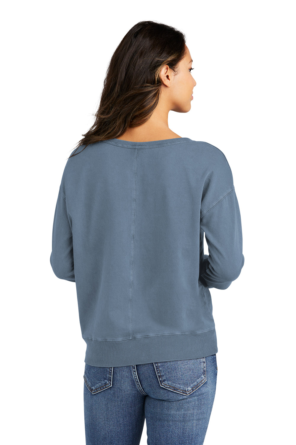 Port & Company LPC098V Womens Beach Wash Garment Dyed V-Neck Sweatshirt Faded Denim Blue Model Back