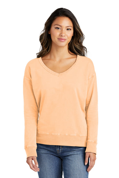 Port & Company LPC098V Womens Beach Wash Garment Dyed V-Neck Sweatshirt Peach Model Front