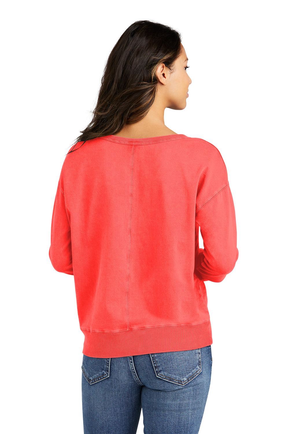 Port & Company LPC098V Womens Beach Wash Garment Dyed V-Neck Sweatshirt Poppy Red Model Back