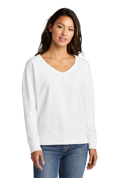 Port & Company LPC098V Womens Beach Wash Garment Dyed V-Neck Sweatshirt White Model Front