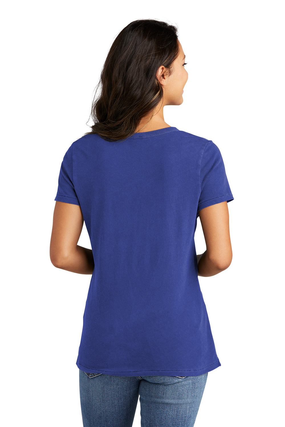 Port & Company LPC099V Womens Beach Wash Garment Dyed Short Sleeve V-Neck T-Shirt Blue Iris Model Back