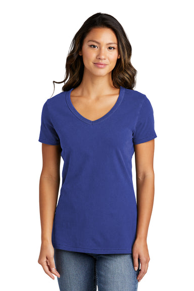 Port & Company LPC099V Womens Beach Wash Garment Dyed Short Sleeve V-Neck T-Shirt Blue Iris Model Front