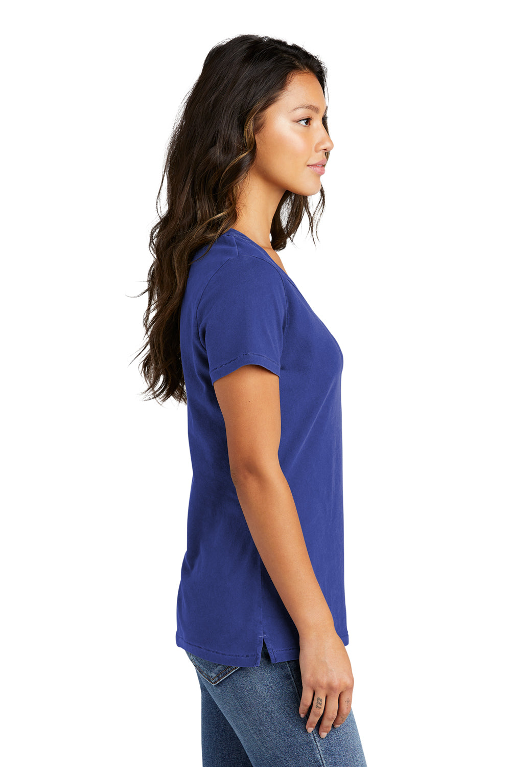 Port & Company LPC099V Womens Beach Wash Garment Dyed Short Sleeve V-Neck T-Shirt Blue Iris Model Side