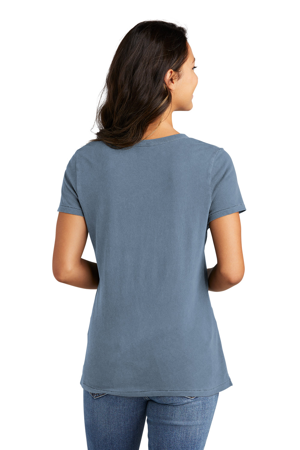 Port & Company LPC099V Womens Beach Wash Garment Dyed Short Sleeve V-Neck T-Shirt Faded Denim Blue Model Back