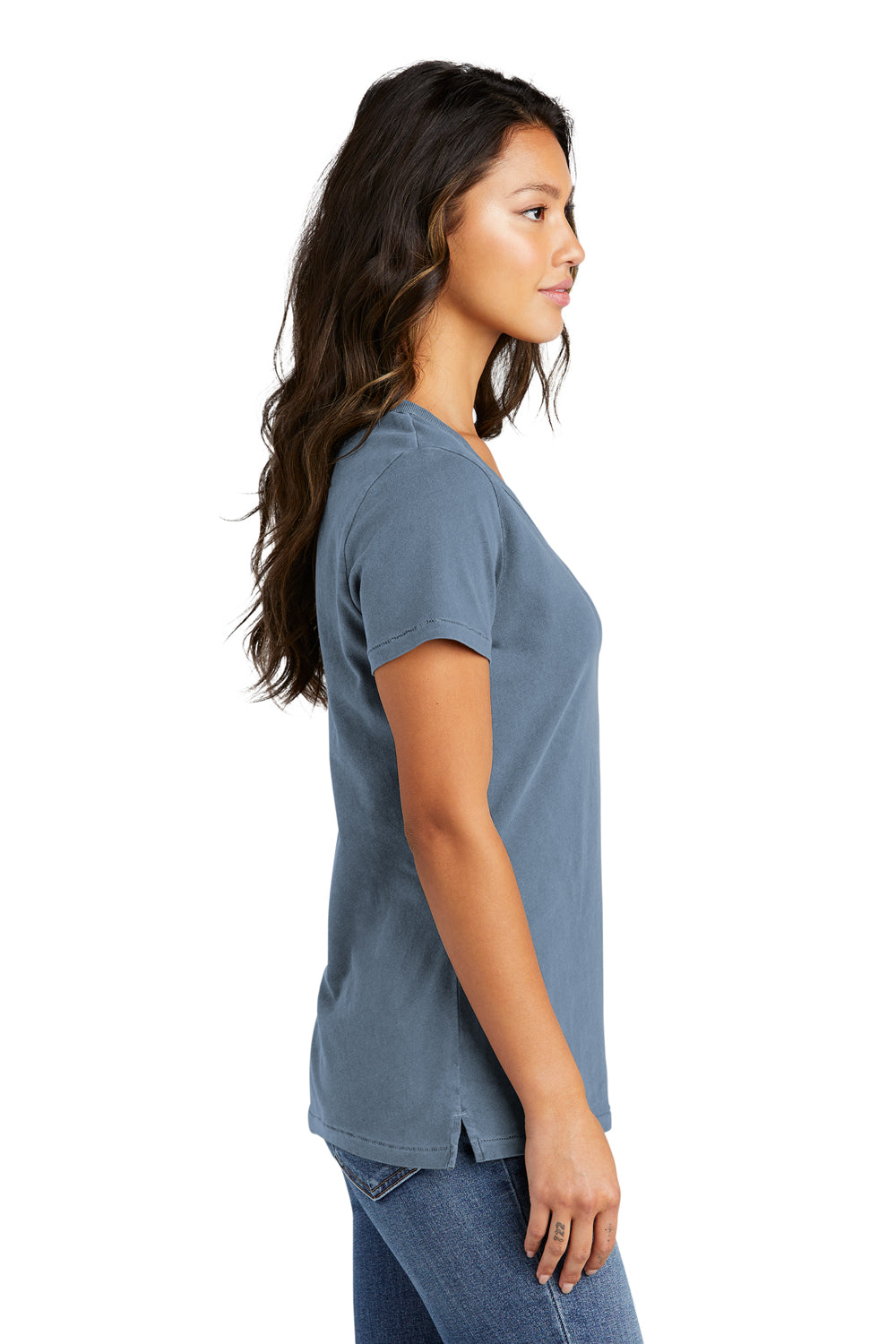 Port & Company LPC099V Womens Beach Wash Garment Dyed Short Sleeve V-Neck T-Shirt Faded Denim Blue Model Side