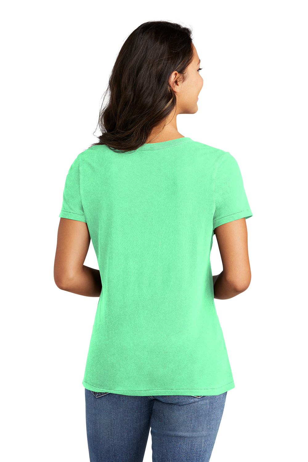 Port & Company LPC099V Womens Beach Wash Garment Dyed Short Sleeve V-Neck T-Shirt Jadeite Green Model Back