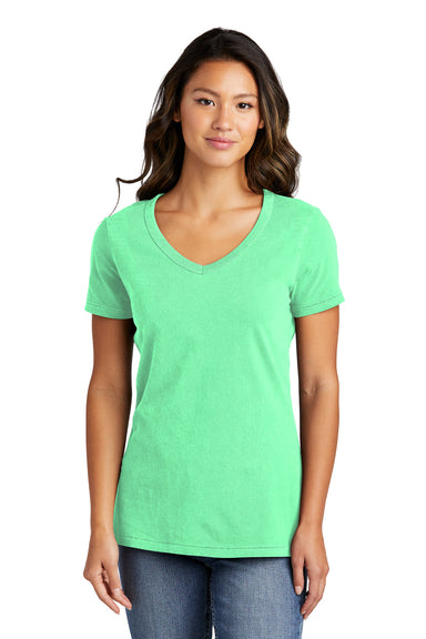 Port & Company LPC099V Womens Beach Wash Garment Dyed Short Sleeve V-Neck T-Shirt Jadeite Green Model Front