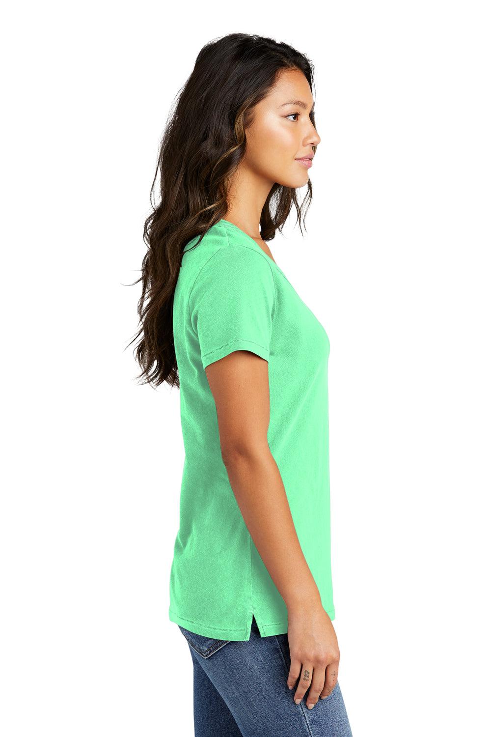 Port & Company LPC099V Womens Beach Wash Garment Dyed Short Sleeve V-Neck T-Shirt Jadeite Green Model Side