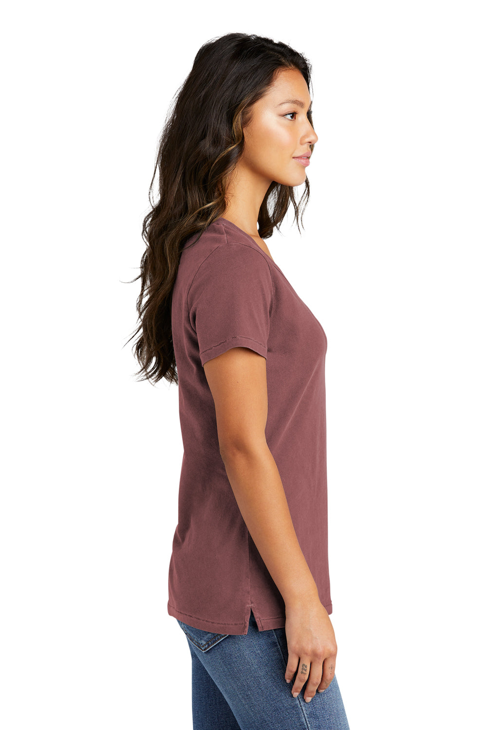 Port & Company LPC099V Womens Beach Wash Garment Dyed Short Sleeve V-Neck T-Shirt Nostalgia Rose Model Side