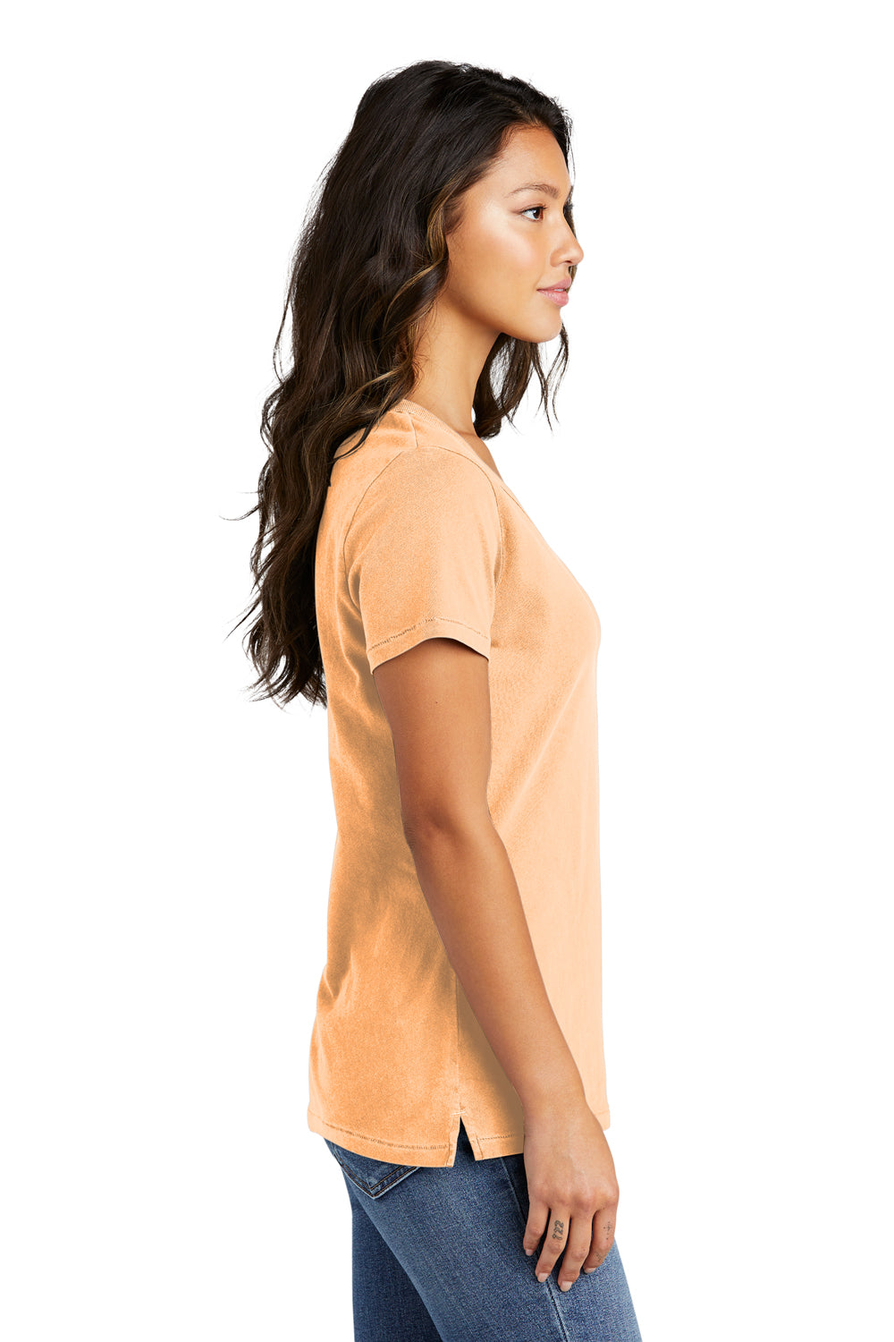 Port & Company LPC099V Womens Beach Wash Garment Dyed Short Sleeve V-Neck T-Shirt Peach Model Side