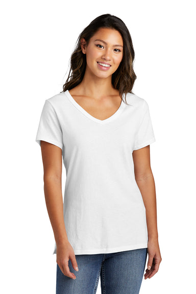 Port & Company LPC099V Womens Beach Wash Garment Dyed Short Sleeve V-Neck T-Shirt White Model Front