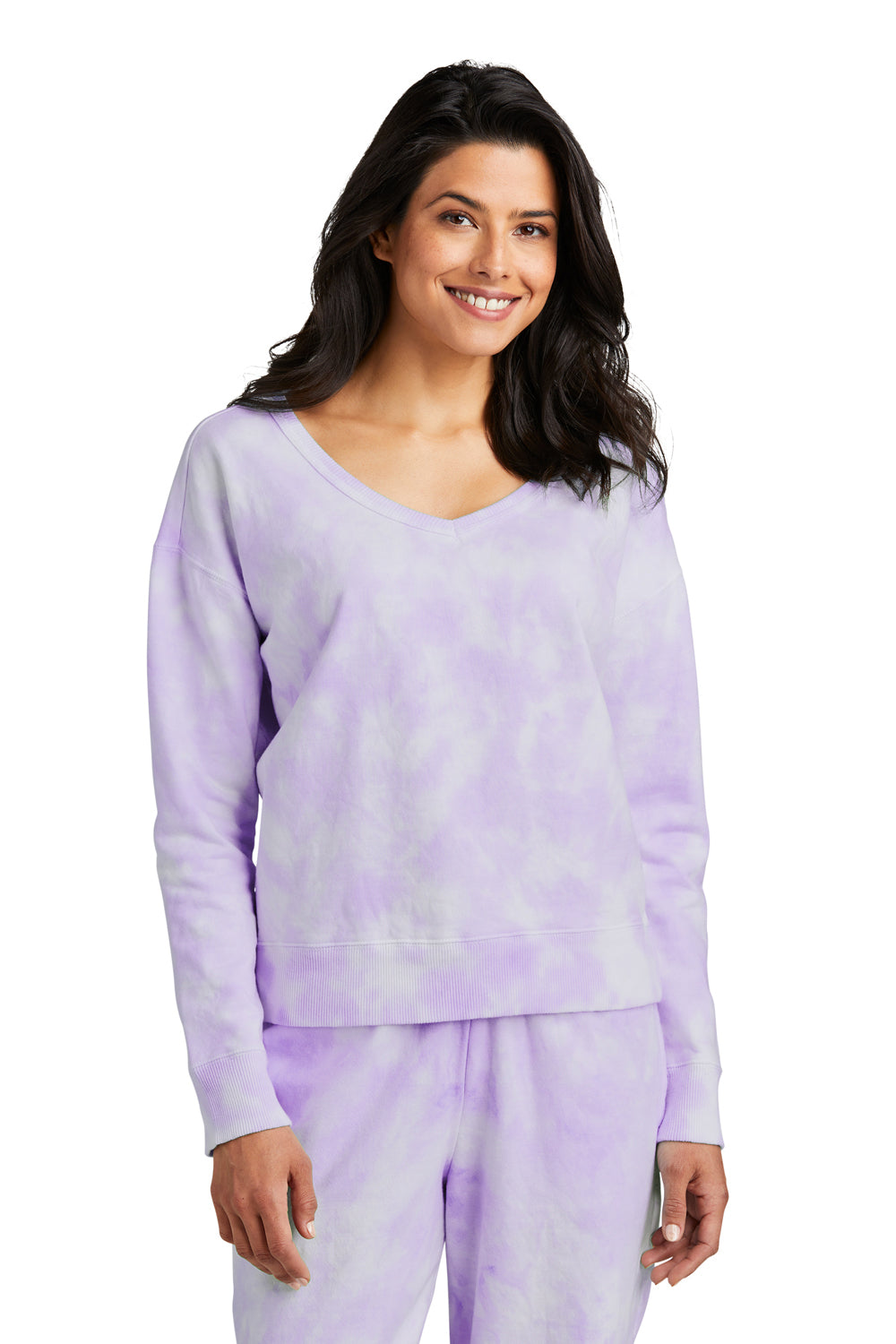 Port & Company LPC140V Womens Beach Wash Tie Dye V-Neck Sweatshirt Amethyst Purple Model Front