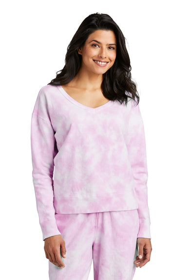 Port & Company LPC140V Womens Beach Wash Tie Dye V-Neck Sweatshirt Cerise Pink Model Front