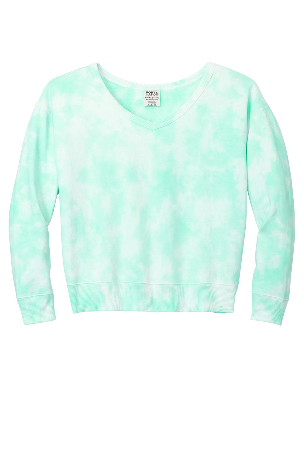 Port & Company LPC140V Womens Beach Wash Tie Dye V-Neck Sweatshirt Cool Mint Green Flat Front