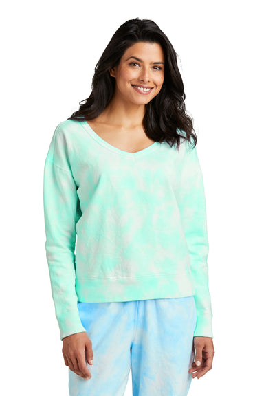 Port & Company LPC140V Womens Beach Wash Tie Dye V-Neck Sweatshirt Cool Mint Green Model Front