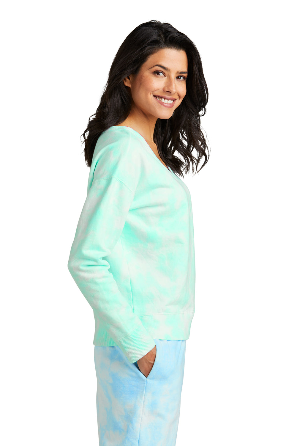 Port & Company LPC140V Womens Beach Wash Tie Dye V-Neck Sweatshirt Cool Mint Green Model Side