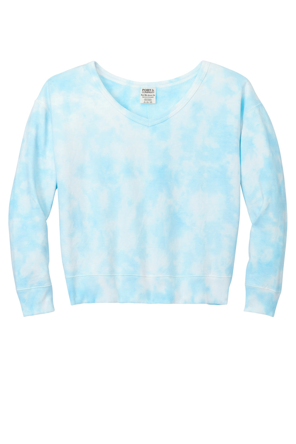 Port & Company LPC140V Womens Beach Wash Tie Dye V-Neck Sweatshirt Glacier Blue Flat Front