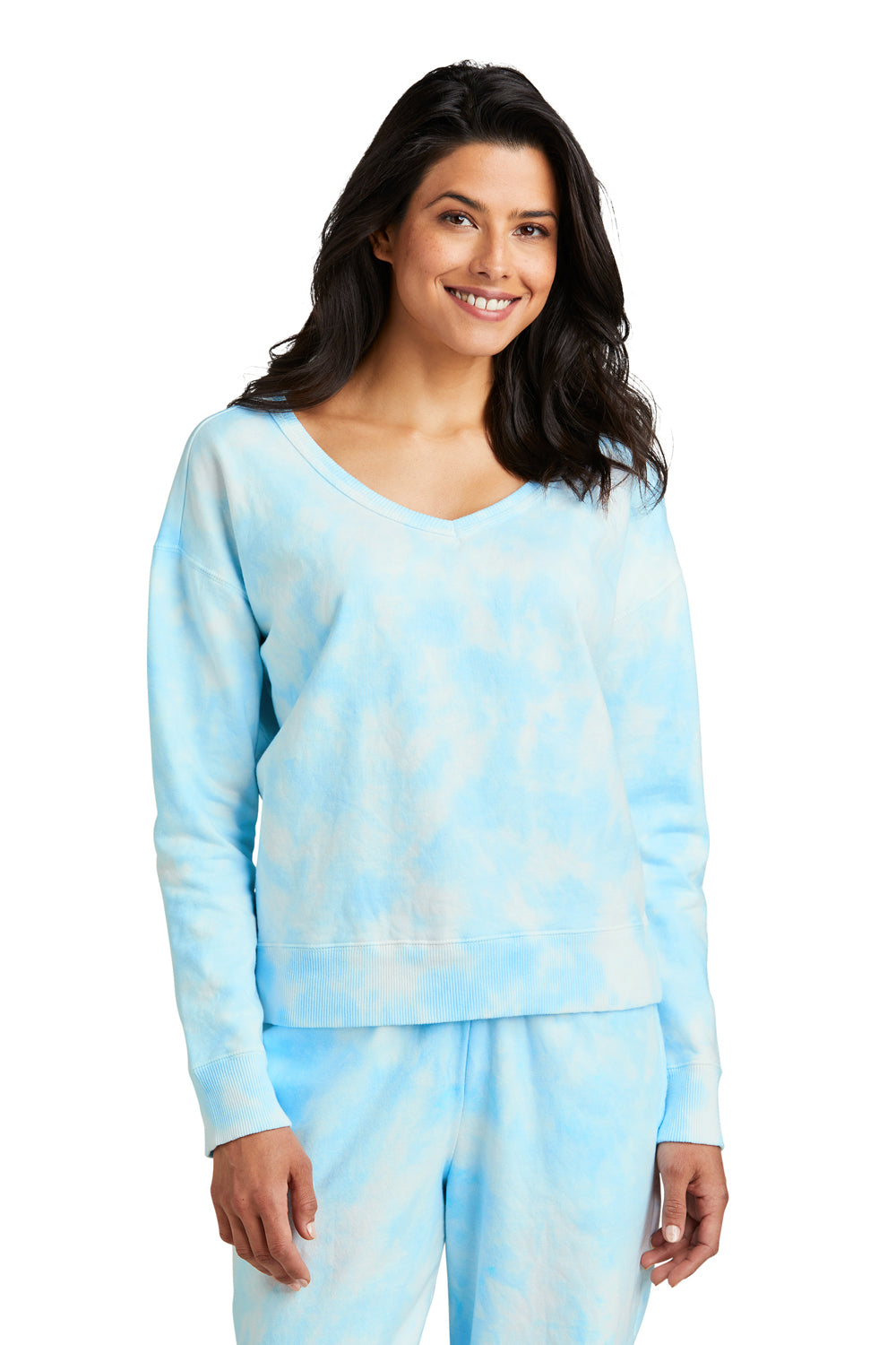 Port & Company LPC140V Womens Beach Wash Tie Dye V-Neck Sweatshirt Glacier Blue Model Front