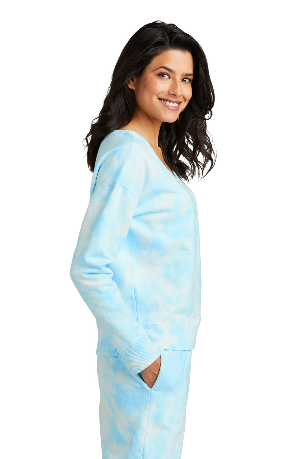 Port & Company LPC140V Womens Beach Wash Tie Dye V-Neck Sweatshirt Glacier Blue Model Side