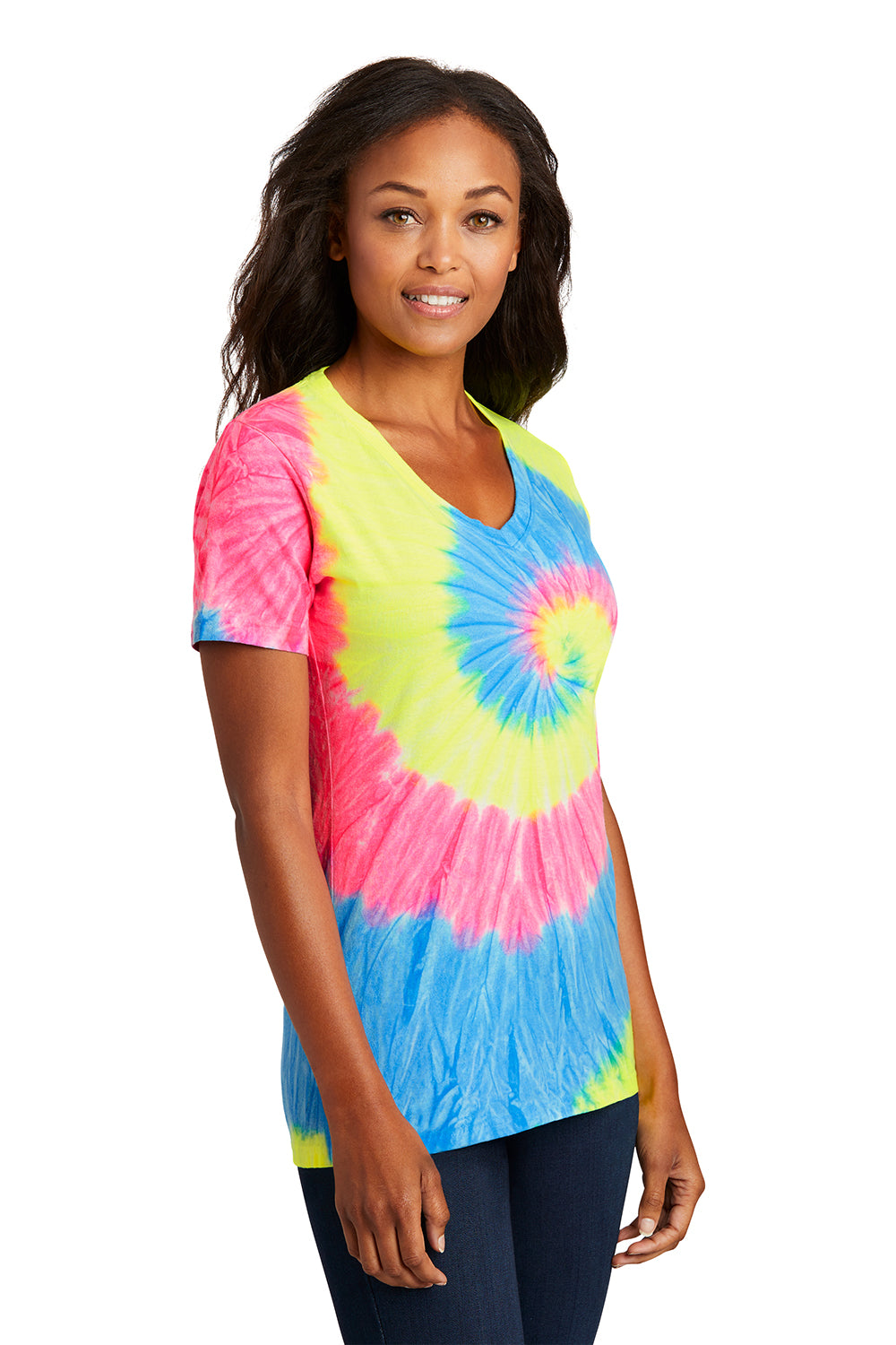 Port & Company LPC147V Womens Tie-Dye Short Sleeve V-Neck T-Shirt Neon Rainbow Model 3q