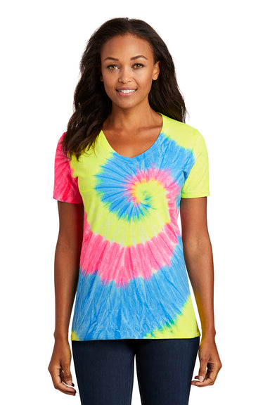 Port & Company LPC147V Womens Tie-Dye Short Sleeve V-Neck T-Shirt Neon Rainbow Model Front