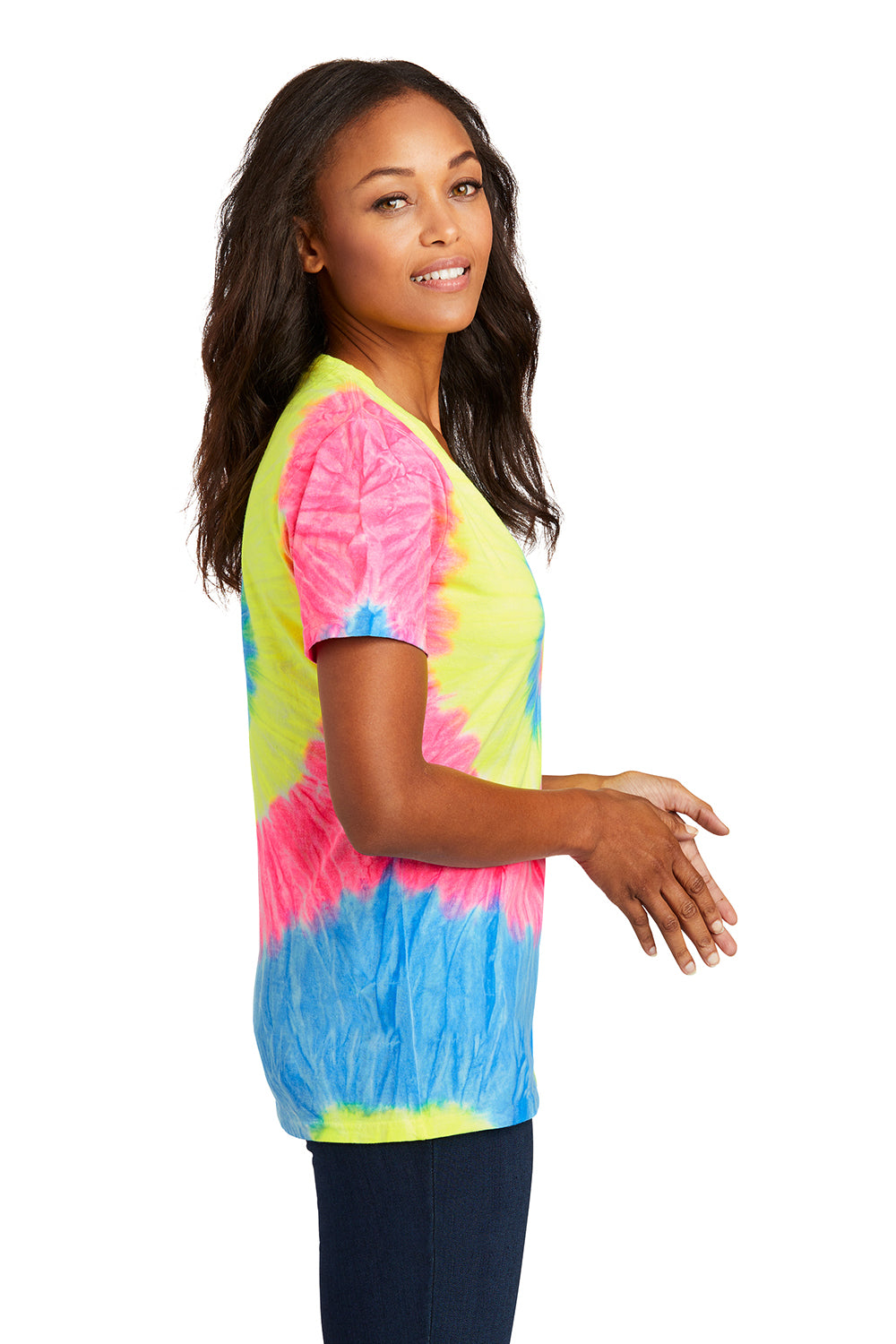 Port & Company LPC147V Womens Tie-Dye Short Sleeve V-Neck T-Shirt Neon Rainbow Model Side