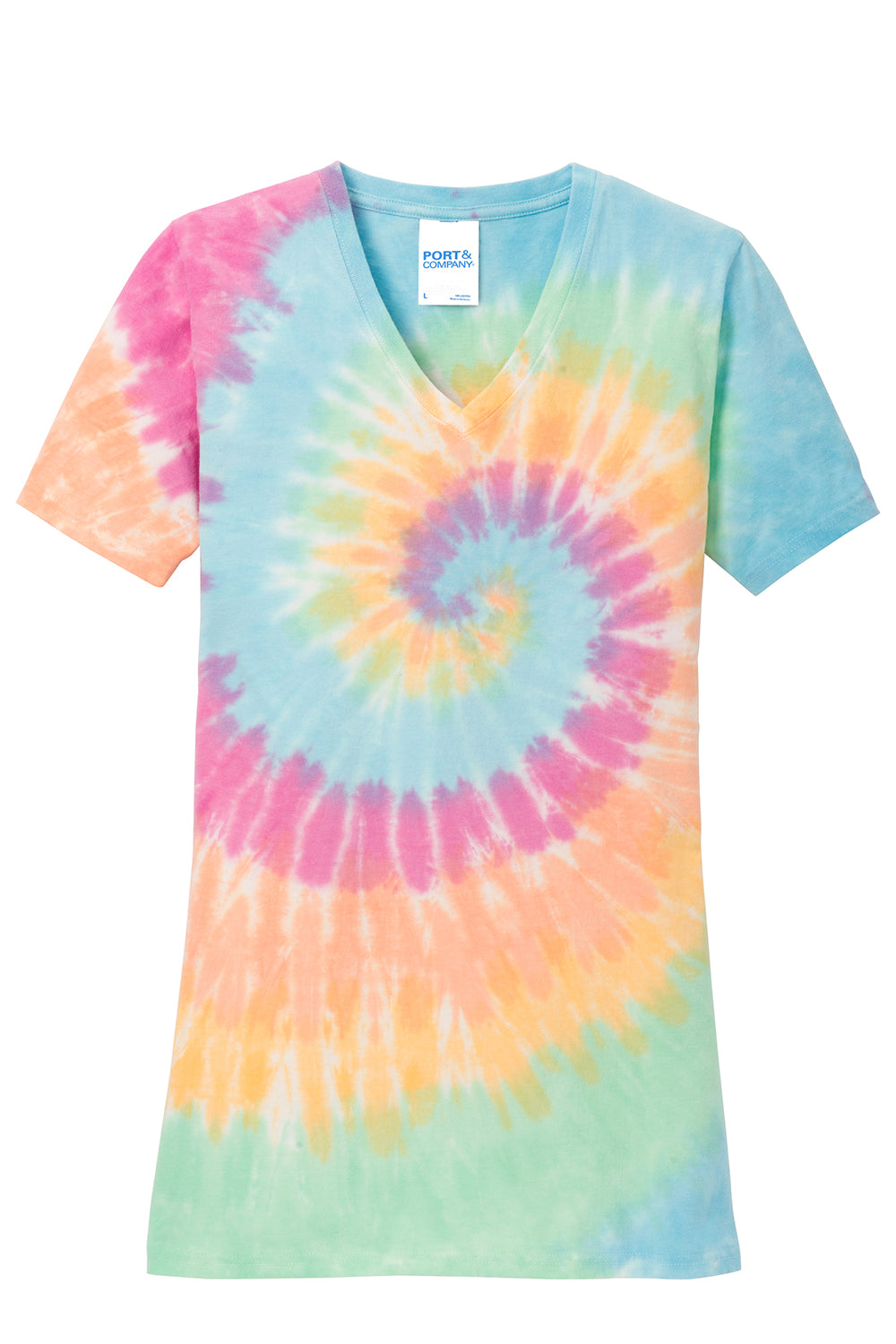 Port & Company LPC147V Womens Tie-Dye Short Sleeve V-Neck T-Shirt Pastel Rainbow Flat Front