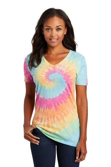 Port & Company LPC147V Womens Tie-Dye Short Sleeve V-Neck T-Shirt Pastel Rainbow Model Front