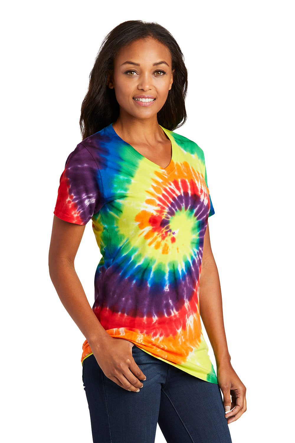 Port & Company LPC147V Womens Tie-Dye Short Sleeve V-Neck T-Shirt Rainbow Model 3q