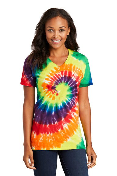 Port & Company LPC147V Womens Tie-Dye Short Sleeve V-Neck T-Shirt Rainbow Model Front