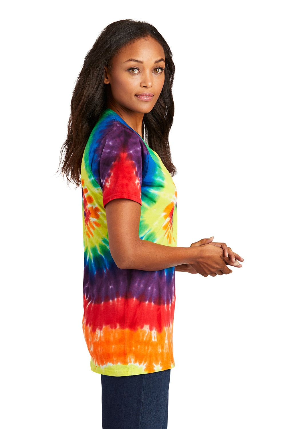 Port & Company LPC147V Womens Tie-Dye Short Sleeve V-Neck T-Shirt Rainbow Model Side