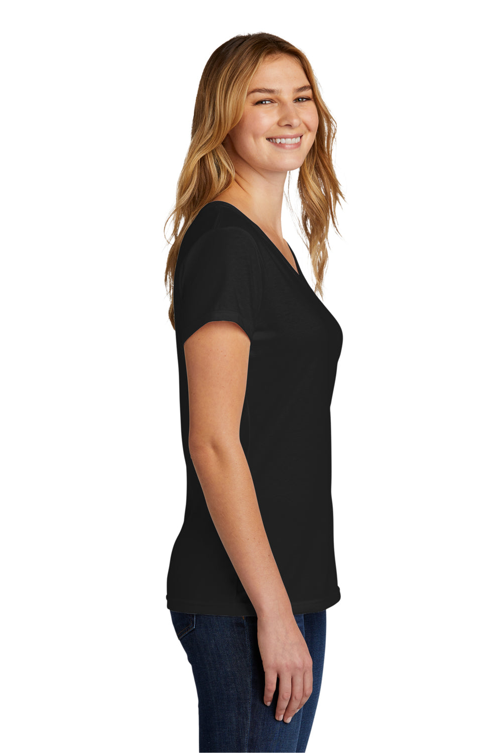 Port & Company LPC330V Womens Short Sleeve V-Neck T-Shirt Black Model Side