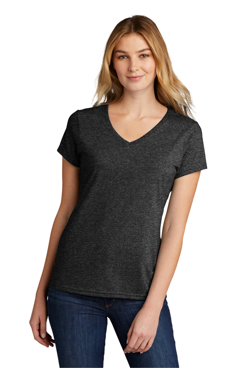 Port & Company LPC330V Womens Short Sleeve V-Neck T-Shirt Heather Black Model Front