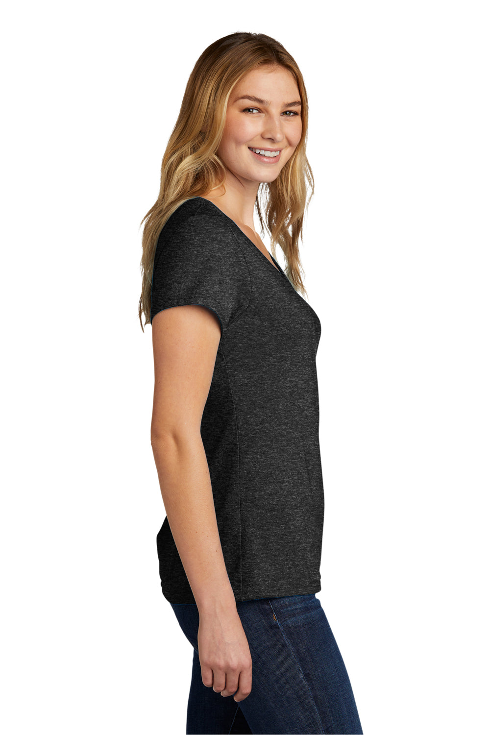 Port & Company LPC330V Womens Short Sleeve V-Neck T-Shirt Heather Black Model Side