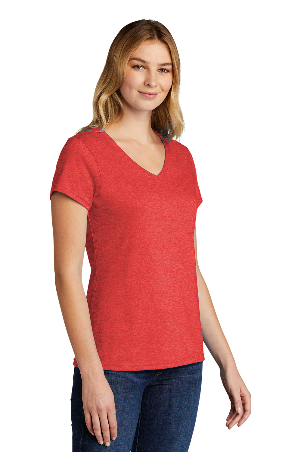 Port & Company LPC330V Womens Short Sleeve V-Neck T-Shirt Heather Bright Red Model 3q