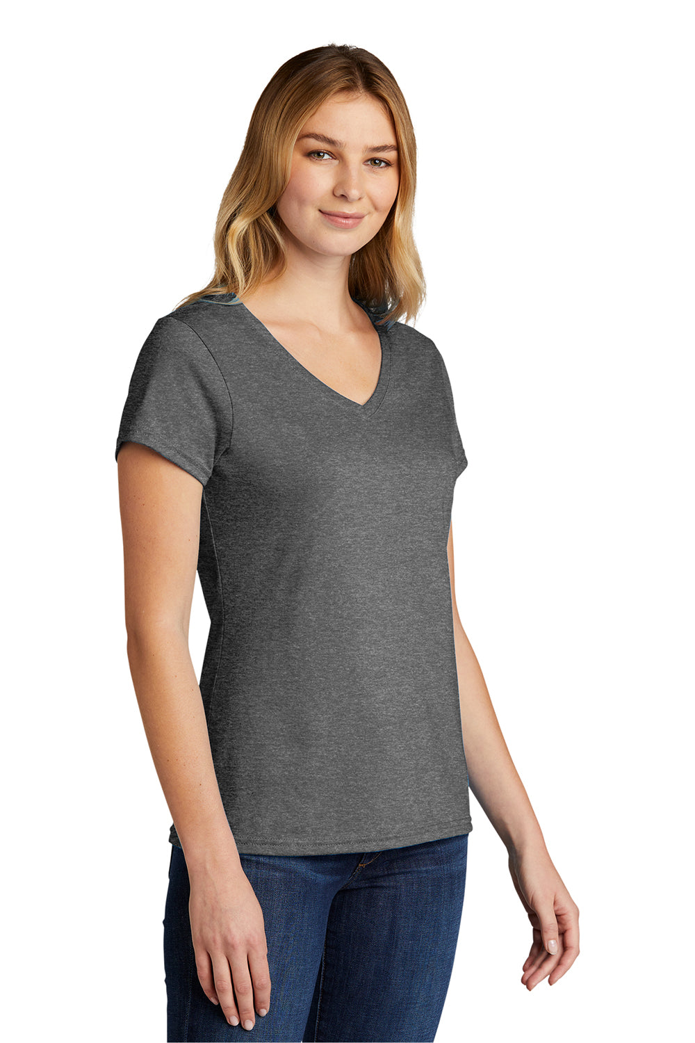 Port & Company LPC330V Womens Short Sleeve V-Neck T-Shirt Heather Graphite Grey Model 3q