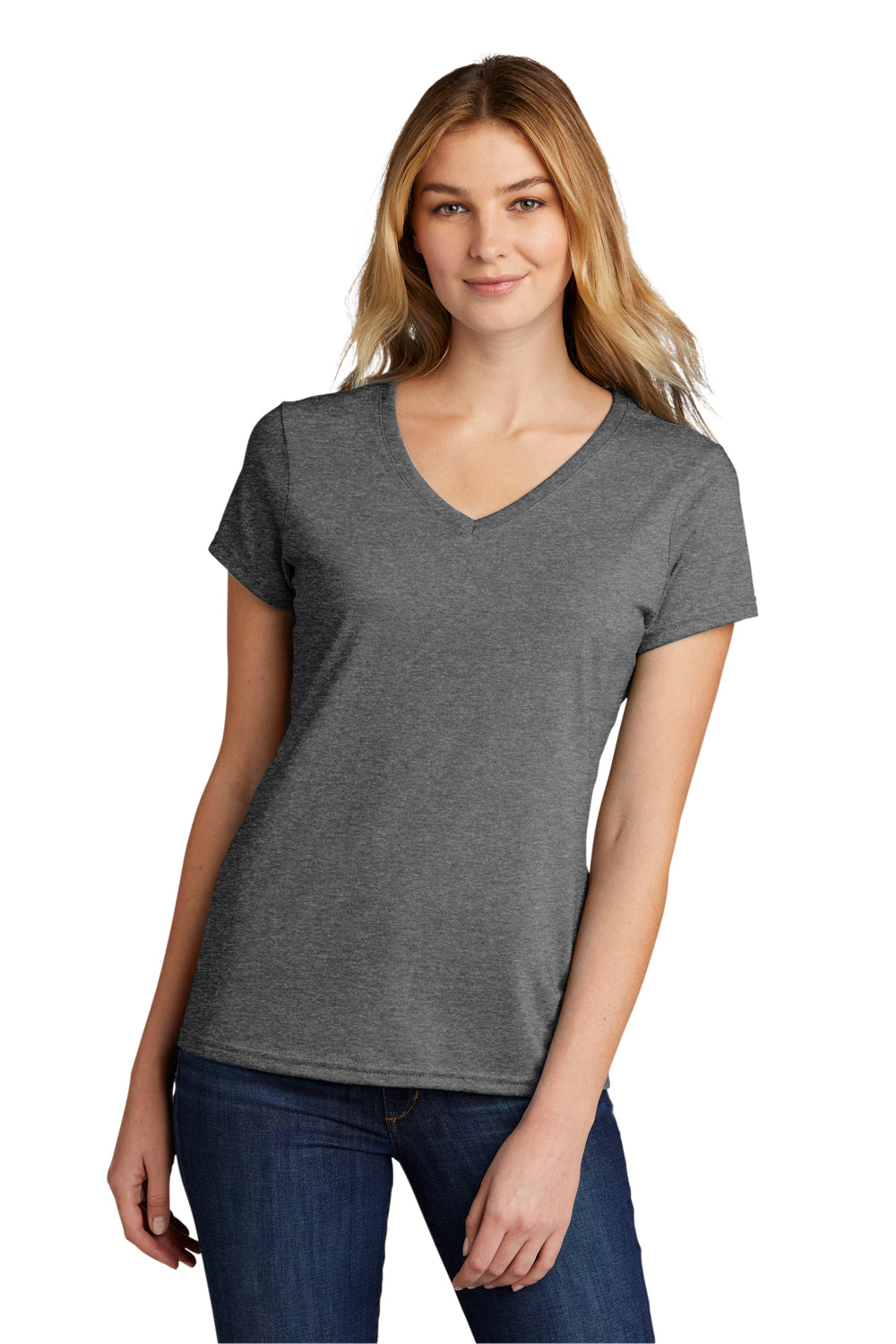 Port & Company LPC330V Womens Short Sleeve V-Neck T-Shirt Heather Graphite Grey Model Front