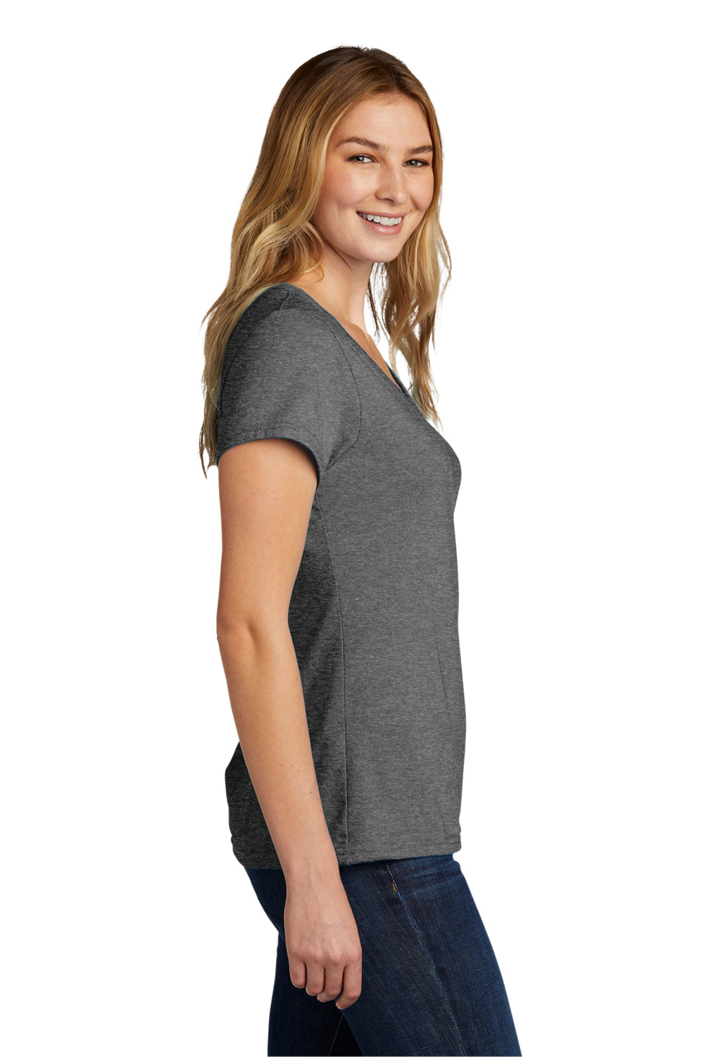 Port & Company LPC330V Womens Short Sleeve V-Neck T-Shirt Heather Graphite Grey Model Side