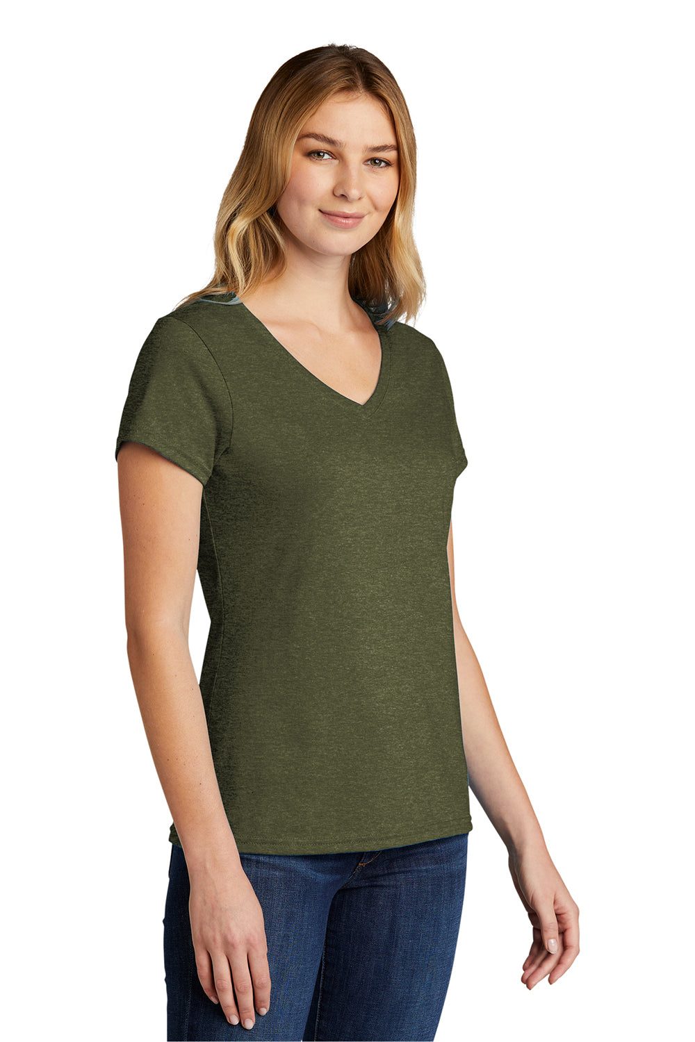 Port & Company LPC330V Womens Short Sleeve V-Neck T-Shirt Heather Military Green Model 3q