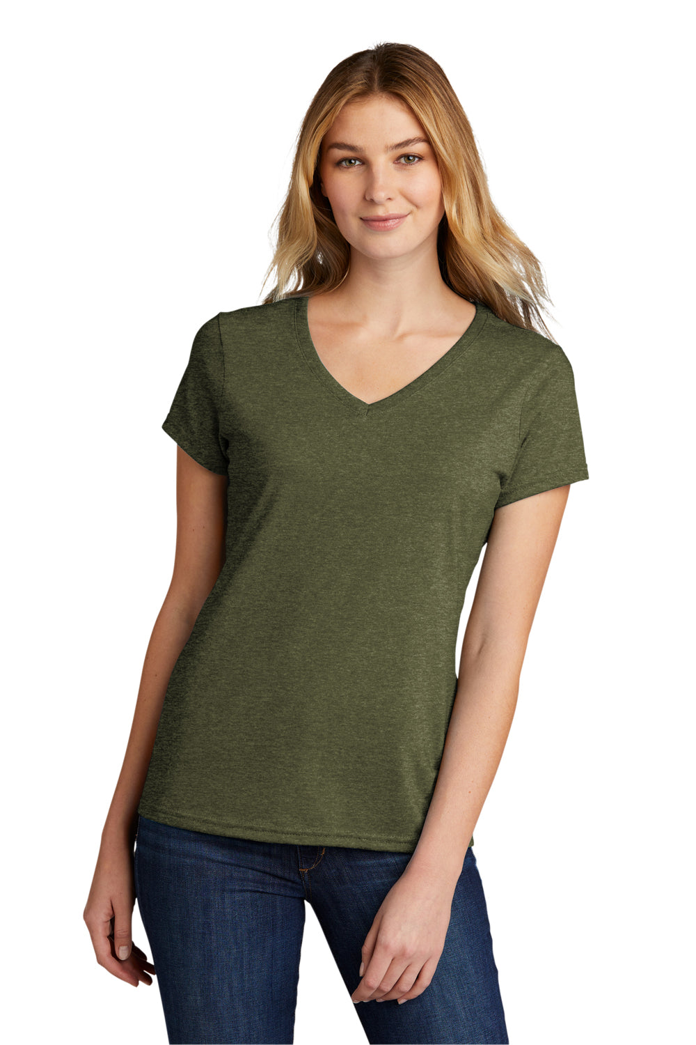 Port & Company LPC330V Womens Short Sleeve V-Neck T-Shirt Heather Military Green Model Front