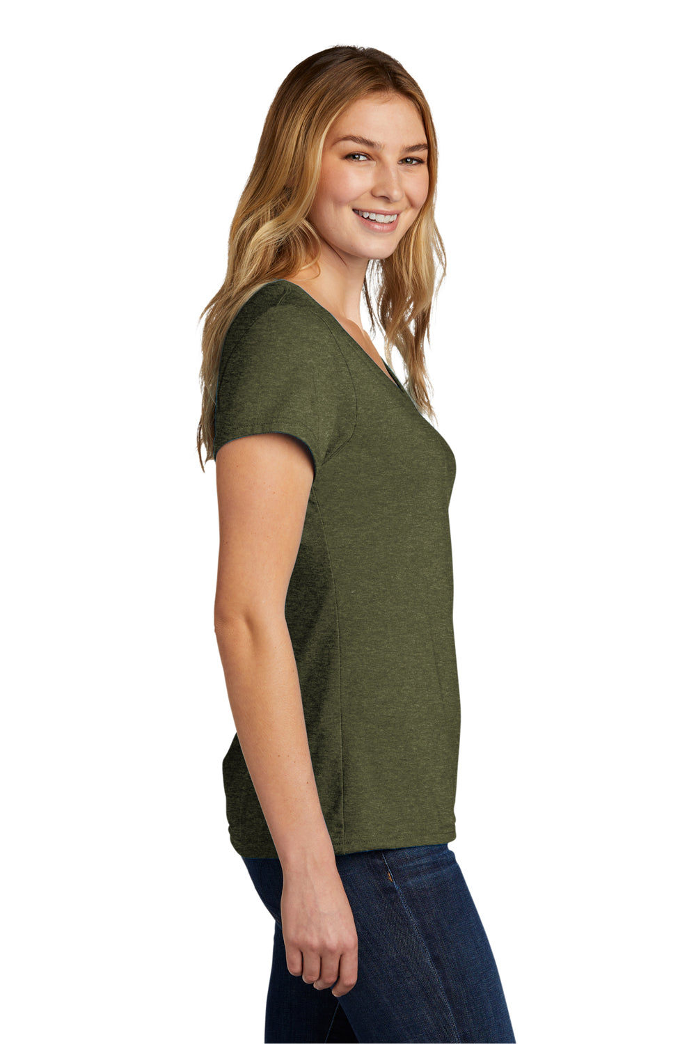 Port & Company LPC330V Womens Short Sleeve V-Neck T-Shirt Heather Military Green Model Side