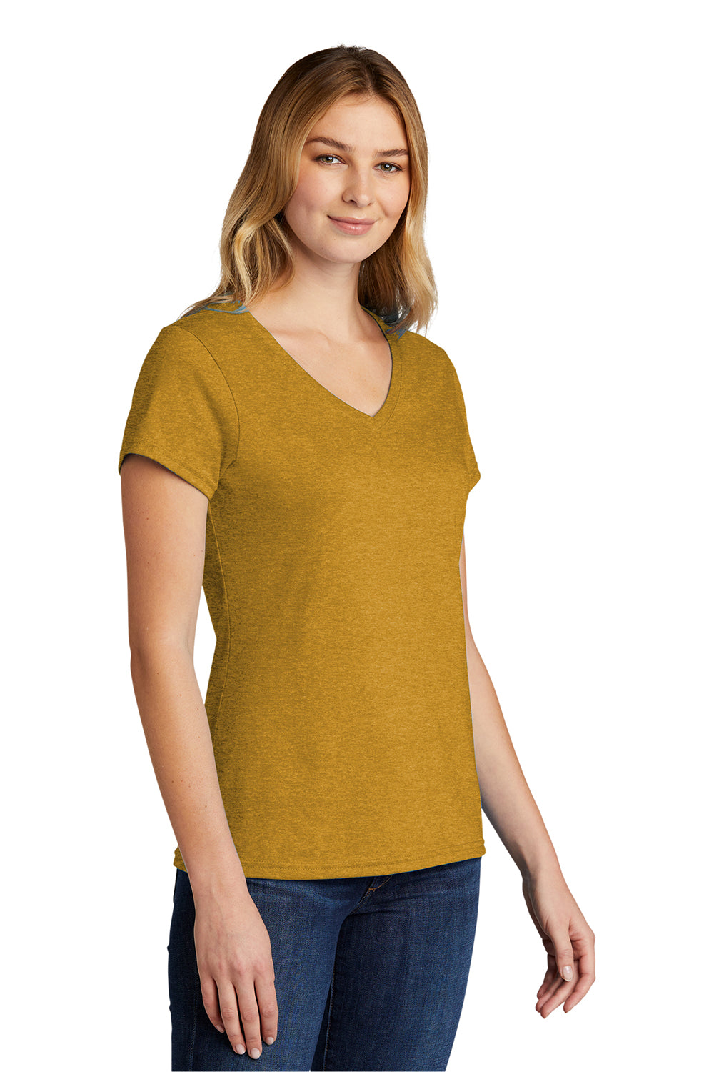 Port & Company LPC330V Womens Short Sleeve V-Neck T-Shirt Heather Ochre Yellow Model 3q