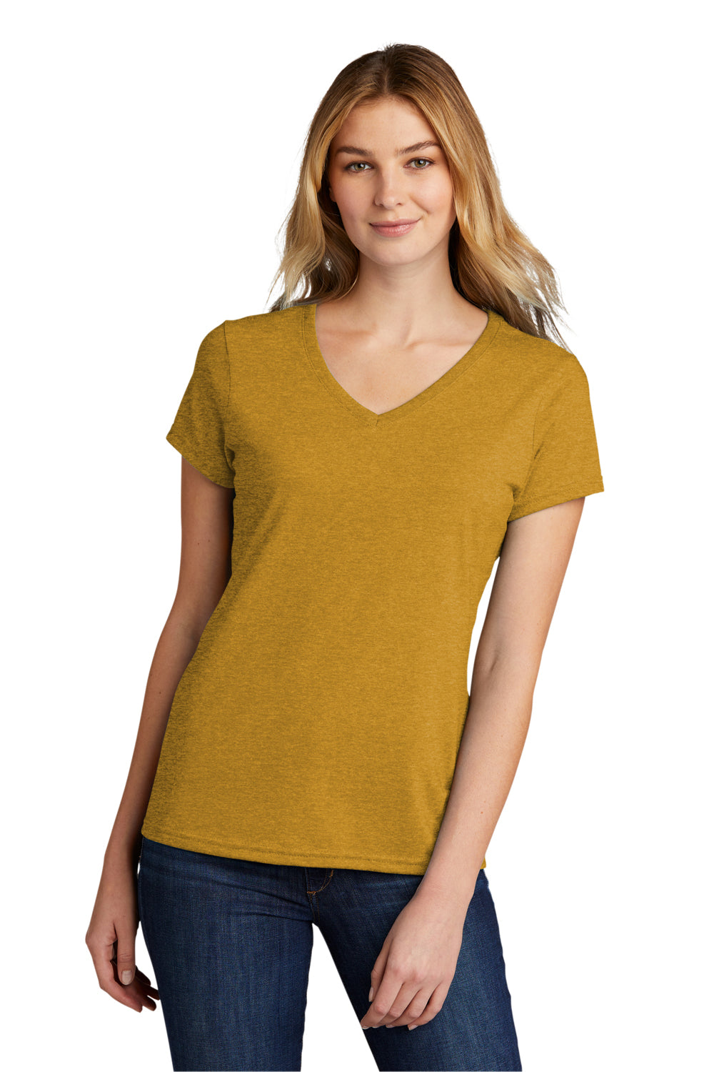 Port & Company LPC330V Womens Short Sleeve V-Neck T-Shirt Heather Ochre Yellow Model Front