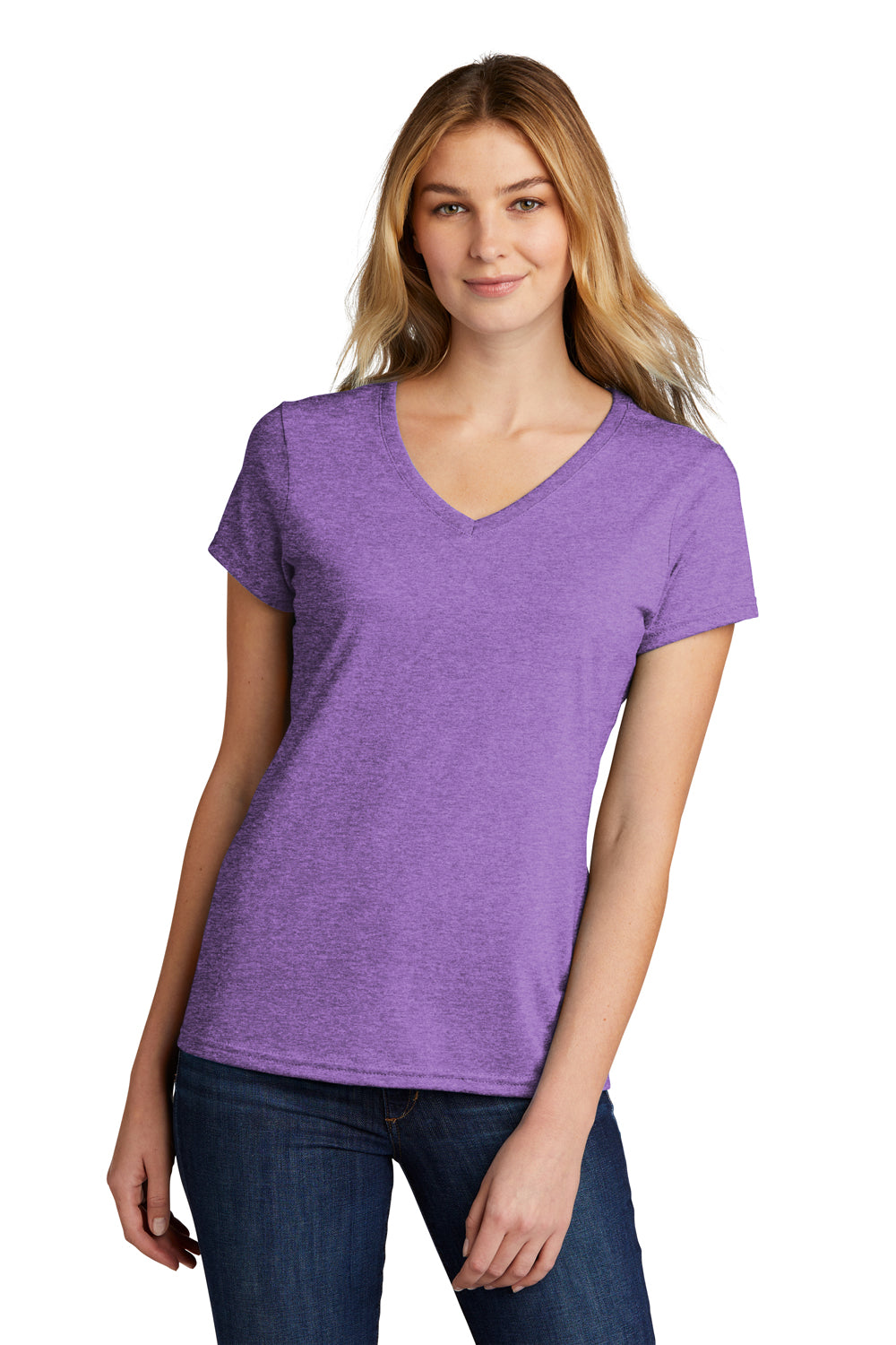 Port & Company LPC330V Womens Short Sleeve V-Neck T-Shirt Heather Team Purple Model Front