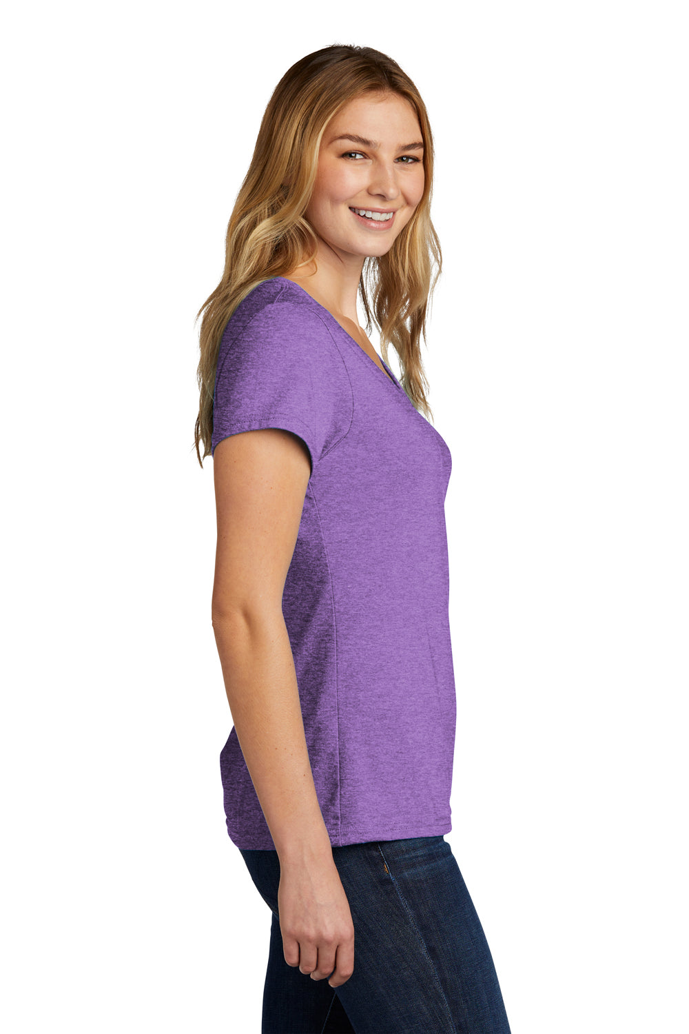 Port & Company LPC330V Womens Short Sleeve V-Neck T-Shirt Heather Team Purple Model Side